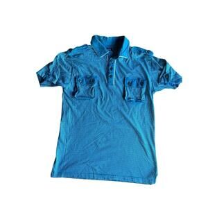 Vintage 80s Blue Striped Men's Polo Shirt With Epaulettes & 2 Pockets Size XL